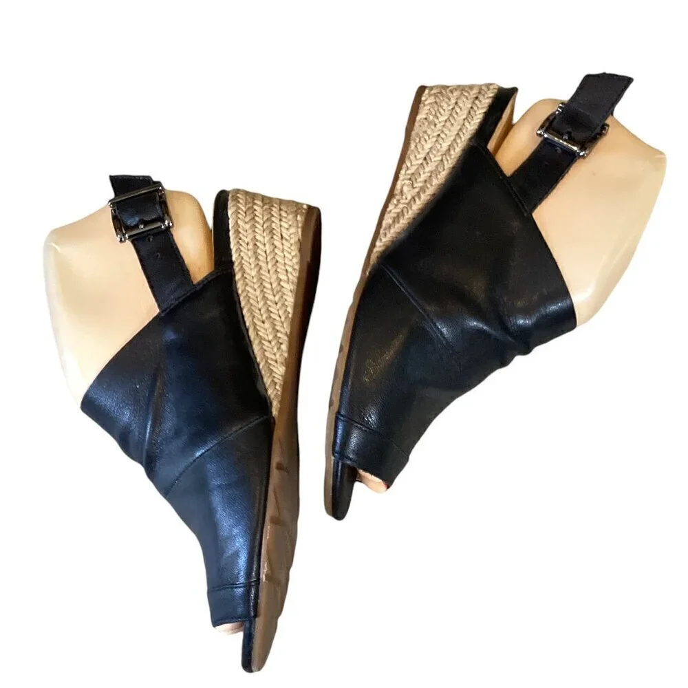 Nurture Mylene Leather Espadrille‎ Wedge Sandals Open Toe Sz 6M Black #280D